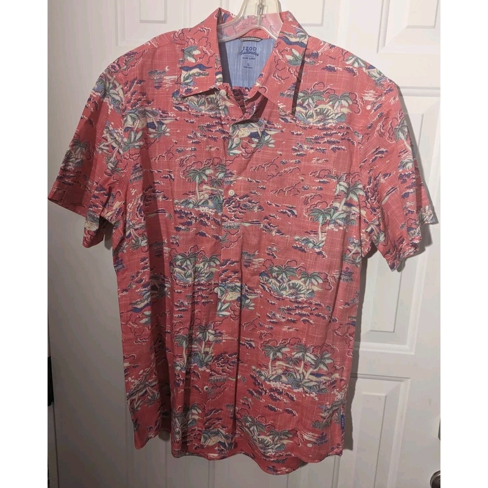 Izod Saltwater Hawaiian shirt large L Pink men's Island Palm trees Short sleeve